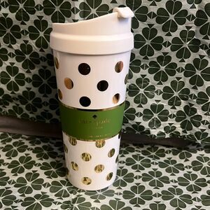 NWT Kate Spade 16oz travel mug Tumbler gold polka dots
